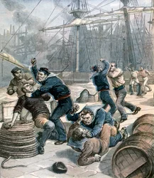 Pelea entre marineros ingleses y alemanes en los muelles de Millwall, Londres