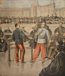 El coronel Henry y el teniente coronel Picquart hablando ante el Tribunal de Asises, ilustración de 