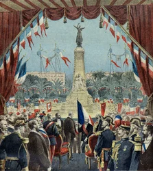 Félix Faure inaugura el monumento que conmemora el centenario de la reunificación de Niza con Francia en 1896 (Grabado)