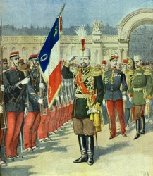 Fernando I rey de bulgaria es recibido en el palacio eliseo , Paris 1896 (Grabado)