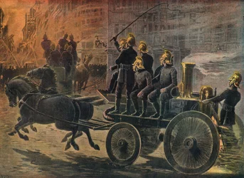 Bomberos en un incendio en Londres en 1897 (Grabado)