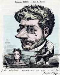 Georges Bizet (1838-1875), compositor francés - Caricatura, con un autógrafo de Bizet, por Henri Meyer dit Reyem (1844-1899) para “Diógenes”