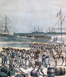 Desembarco de las tropas senegalesas en el nuevo muelle de Cotonou, Benín, 1892