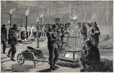 El asilo nocturno del palacio de las artes liberales en el campo de Marte en 1891 - Dibujo de Henri Meyer, Grabado por Navellier en 