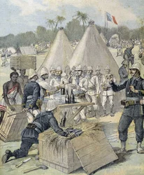 Las estrenas de los soldados en Dahomey (ahora Benín) - en "Le Petit Journal" del 31/12/1892