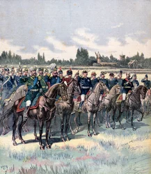 Revista militar con el General Saussier y agregados militares extranjeros, 14 de julio de 1891