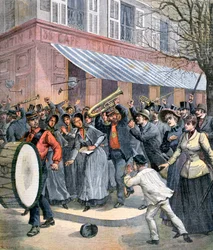 Marcha del Ejército de Salvación liderada por un tamborilero siendo abucheado por espectadores en París, 1892