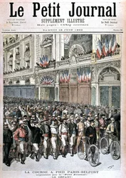 Inicio de la multitud participando en la carrera París - Belfort organizada por el Petit Journal - en "Le petit journal" del 18/06/1892