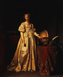 Una dama en un interior, con un vestido de satén amarillo, con un globo en una mesa a su lado, lamentando la ausencia de su esposo