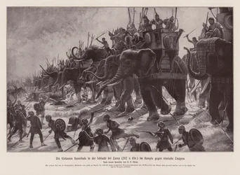 Los elefantes de Aníbal en la batalla de Zama, 202 a.C. (litografía)