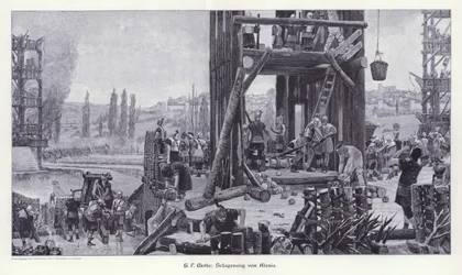 Sitio de Alesia, Galia, 52 a.C., Ilustración de Moderne Kunst in Meister-Holzschnitten (Richard Bong, Berlín, c. 1904)