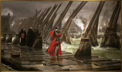 Richelieu en el dique de La Rochelle, pintura de Henri Motte (1846-1922)