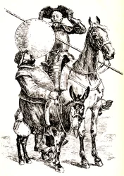 Don Quijote en su caballo, junto a Sancho en su burro