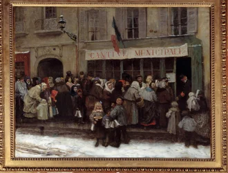Cantina municipal durante el asedio de París en 1870 Los parisinos se apresuran frente a una cantina municipal en el momento del asedio de la ciudad por los prusianos. Pintura de Henri Pille (1844-1897)