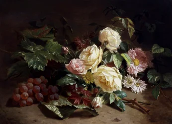 Bodegón de flores de verano y uvas. Pintura de Henri Robbe (1807-1899) Colección particular.