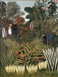 Paisaje exótico con monos y un loro