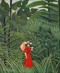 Mujer de rojo en el bosque
