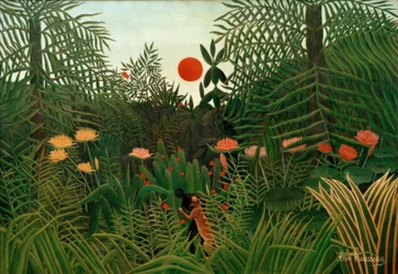 Selva virgen al atardecer. Black atacado por un leopardo