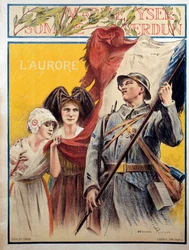 La aurora: cartel de propaganda durante la Primera Guerra Mundial con dos mujeres que representan Alsacia y Lorena (Alsacia-Lorena)