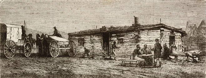 Estación de diligencias transcontinental en el desierto de Utah, de Across the United States, from the Atlantic to the Pacific, por Louis Laurent Simonin, grabado por Hildibrand de L