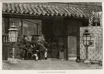 Rey Dong Khanh (1864-1889) Emperador de Annam, hogar en la ciudad imperial de Hue (Vietnam). Grabado de Thiriat, para ilustrar la historia Treinta meses en Tonkín por el Dr. Charles Edouard Hocquard (1853-1911), en 1885, en Le tour du monde, nuevo diario d