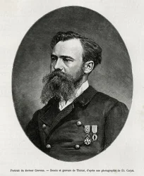 Retrato del Dr. Jules Nicolas Crevaux (1847-1882), médico y explorador de América del Sur (de la Guayana Francesa a Argentina), se interesó mucho en el estudio de las costumbres y la historia de las poblaciones que conoció durante sus viajes, redactó numer