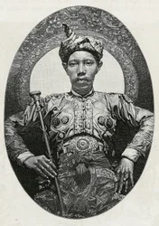Retrato de Mohammed Yamalul Alam, sultán de Soulou (o Sulu) (Filipinas), en 1880. Grabado por Thiriat, para ilustrar la historia "Viaje a Filipinas"