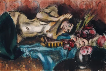 Semidesnudo con un ramo de rosas.