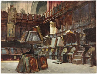 Sillería del coro en una catedral española, c. 1868