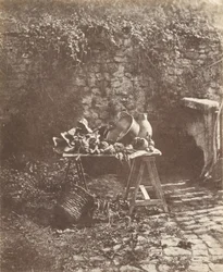 [Bodegón: caldero, jarra y verduras sobre una mesa de caballete].