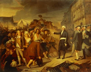 El alcalde Kervegan de Nantes deteniendo un motín de campesinos en la barrera de peaje en 1790