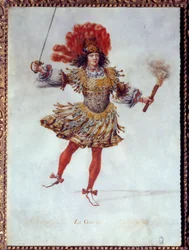 Traje de la Guerra, sosteniendo con una mano una antorcha y en la otra una espada en el ballet "Les noces de Pelee et Thetis" (Le Nozze di Peleo et di Teti) de Carlo Caprioli (o Caproli) del Violino, representado el 26/01/1654 en Peer Bourbon. El papel de 