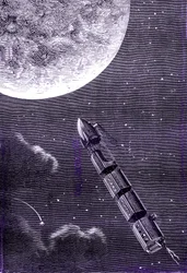 Tren de balas (o proyectiles) disparados por un cañón gigante hacia la Luna, "De la Tierra a la Luna" de Julio Verne