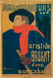 Aristide Bruant, cantante y compositor, en un cartel que anuncia su actuación en el elegante night-club " Les Ambassadeurs " de los Campos Elíseos (litografía).