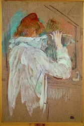 Mujer rizándose el pelo (pintura sobre lienzo)