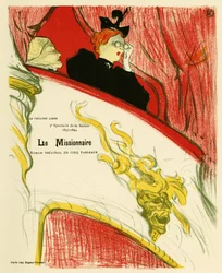 Una mujer en el camerino de un teatro utilizando unos prismáticos. Cartel del Misionero, obra de Marcel Luguet, representada en 1893 en el Teatro Libre creado en 1887 por André Antoine (1858-1943), Ilustración en litografía de Henri de Toulouse Lautrec