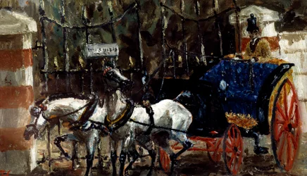 Par de caballos frente a la puerta