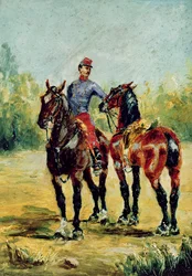 Dos caballos y un mozo de cuadra, 1880