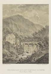 Paisaje de montaña con molino de agua cerca de Trier Vue premio de baile le ci dev. Éctorat de trèves (título sobre objeto)