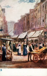 Viejo Londres: Clare Market, cerca del Strand (litografía en color)