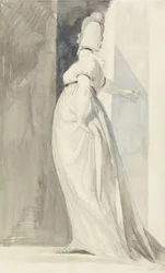 Vista trasera de una mujer de pie, llamada Sra. Fuseli
