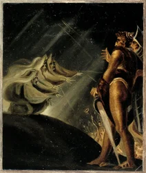 Las brujas flotando sobre Macbeth y Banquo