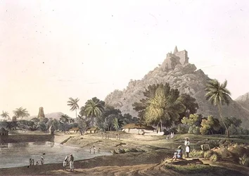 Pagodas en Trinchicunum, placa XI, grabado por Daniel Havell (1785-1826) 1809