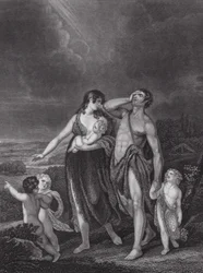 La partida de Caín, Génesis, cap. 4, v. 16 (grabado)