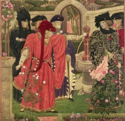 Eligiendo las rosas rojas y blancas en el jardín del templo, 1910