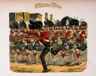 Teniente Herbert T. Macpherson cargando por una calle en Lucknow a la cabeza de los 78º Highlanders, de una serie titulada 