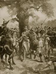 San Edmundo Asesinado por los Daneses, 870 d.C., ilustración de 