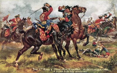 El Caballo del Rey, ahora el 1º (Rey) Dragones de la Guardia, Batalla de Dettingen, junio de 1743