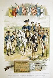 Banderas americanas, uniformes, moneda y armas de la Revolución, ilustración de 