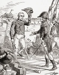 El capitán Dacres del HMS Guerriere se rinde y ofrece su espada al capitán Hull a bordo del USS Constitution después de su derrota durante la Guerra de 1812, de La Historia de Nuestro País, publicado en 1905